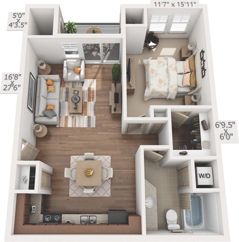 Floor plan for 1 bed, 1 bath, 811 sqft